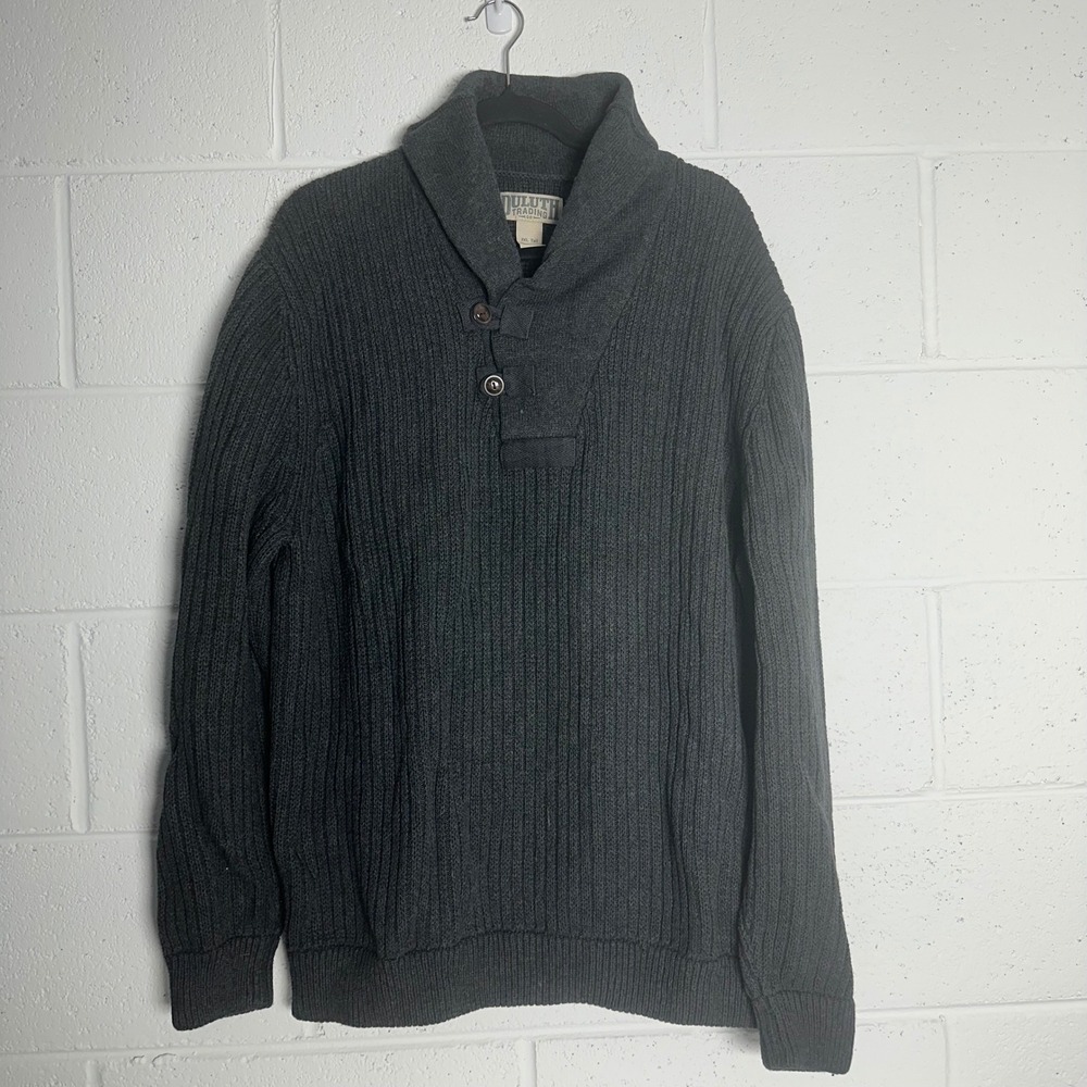 Duluth Trading Co Mens 2XL Tall Charcoal Gray Ribbed Shawl Collar Sweater Knit
